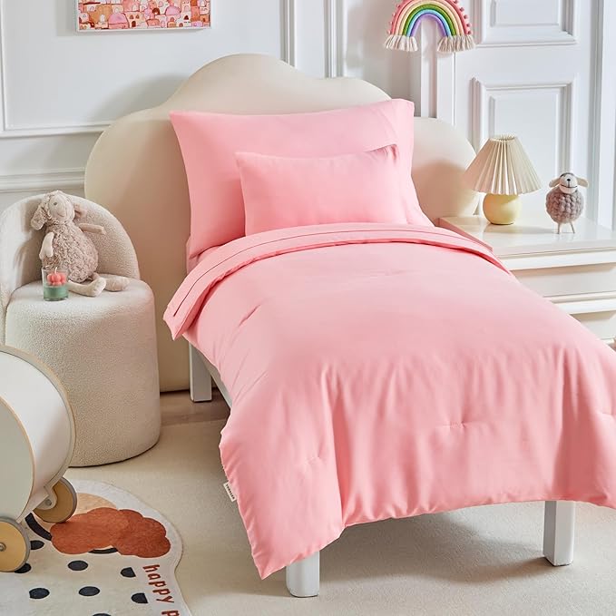 Toddler Bedding Set - 5 Piece Soft and Breathable Toddler Bed Set for Boys and Girls, Includes Quilted Comforter, Fitted Sheet, Flat Top Sheet, Standard Pillowcase and Toddler Pillowcase, Pink