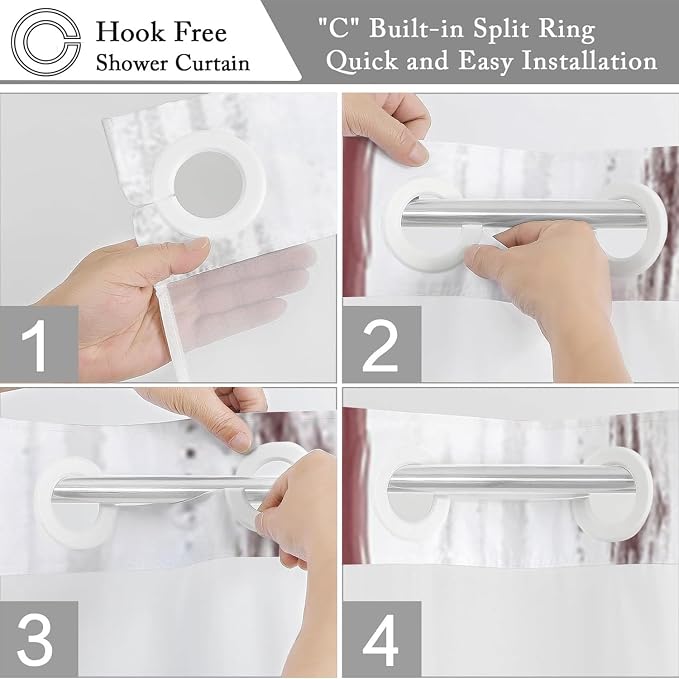 No Hook Shower Curtain with Snap in Liner, Hotel Style Burgundy Red White Gold - Image 5