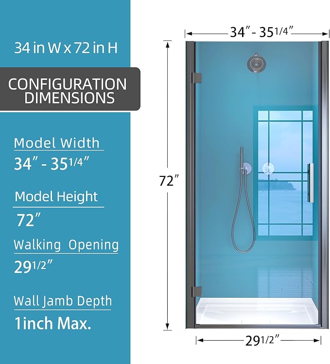 GETPRO Frameless Shower Door Pivot 34 in.W x 72 in.H Swing Single Small Shower - Image 3