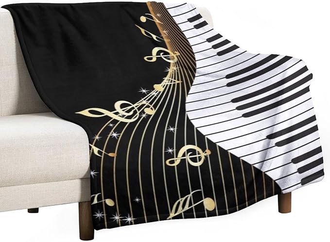 Music Note Blanket Black White Piano Keys Gold Music Note Soft Cozy Lightweight Throw Blanket for Kids Girls Boys Bedroom Living Room Dorm Chair Sofa Travel 60x80in
