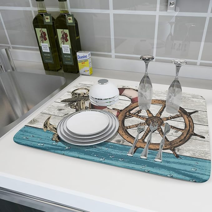 Nautical Anchor Dish Drying Mat 18x24 inch Coastal Boat Fast Dry Microfiber - Image 6