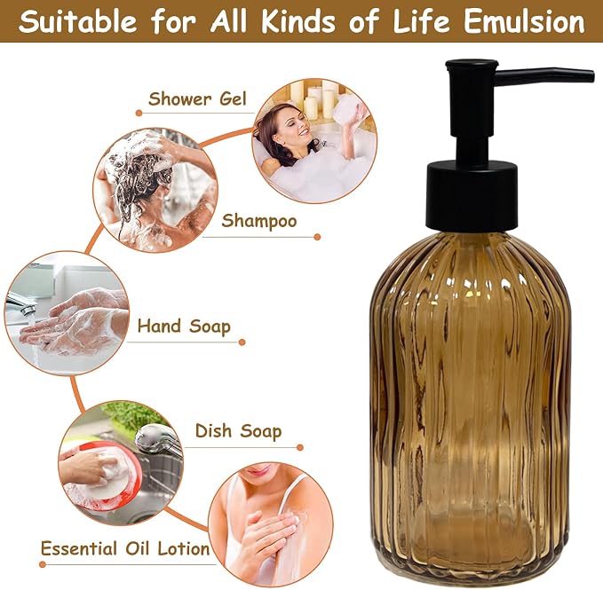 Black Pump Glass Soap Dispenser, 13.5oz Brown Stripe Countertop Refillable - Image 3
