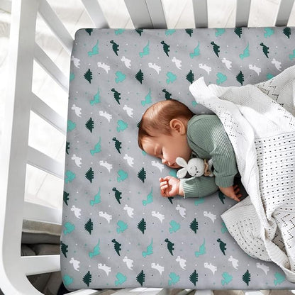 Mini Crib Sheets Set, 4 Pack - Portable Sheets (38" X 24") | Multiuse for Pack n Play, Playard, Playpen, Crib - Dinosaurs