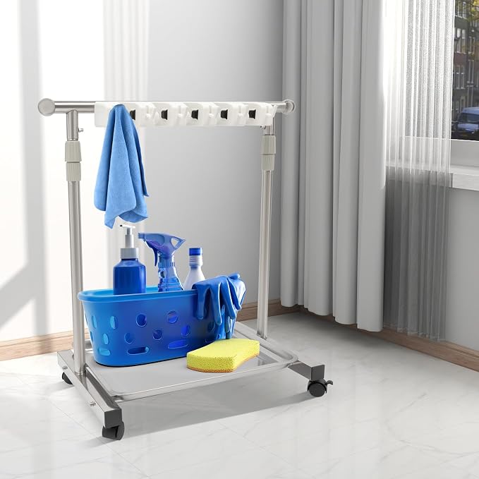 Broom Holder Organizer Movable Closet Storage Cabinet Mop Rack, Floor Standing - Image 3