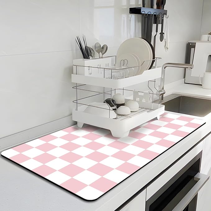 Dish Drying Mat for Kitchen Counter, 17’’ X 28’’ Checkered Large Coffee Station by BLESWIN