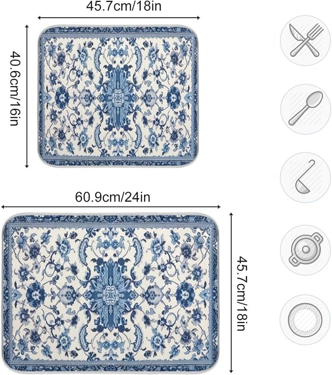 Dish Drying Mat Kitchen Counter Absorbent Blue and White Pattern Coffee Sink - Image 3