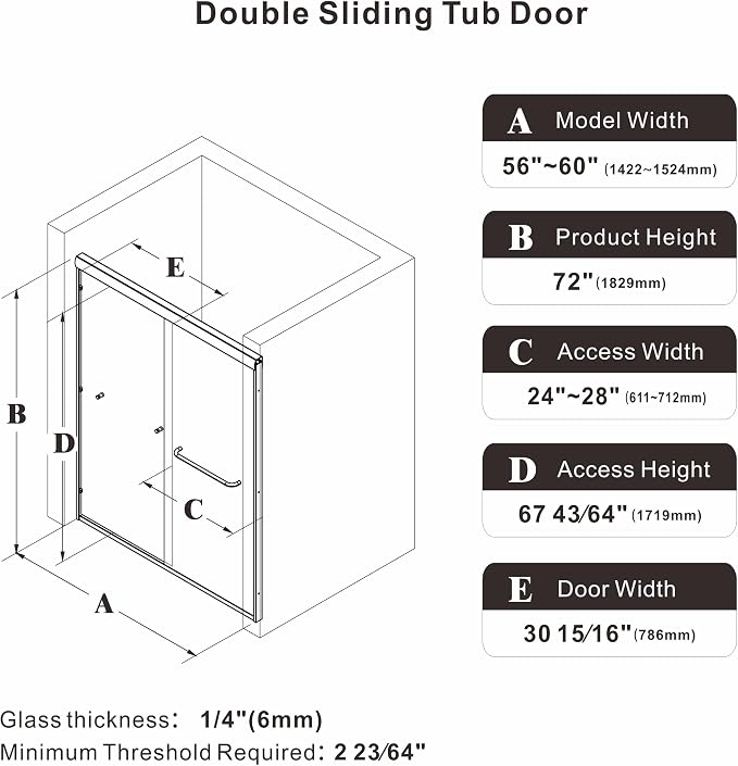 56-60" W x 72" H Semi-Frameless Double Sliding Glass Shower Door, 1/4" Clear - Image 8