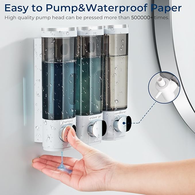 Shampoo and Conditioner Dispenser, Shower Soap Dispenser 3 Chamber No Drill - Image 3