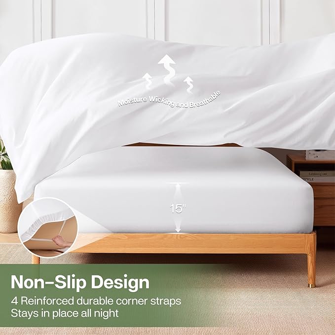 MR&HM Twin XL Fitted Sheet Only, Ultra-Soft Rayon Derived from Bamboo & Polyester Blend, Silky & Breathable, 15" Deep Pocket with Elastic Straps, Cooling Fitted Sheet for Hot Sleepers, White