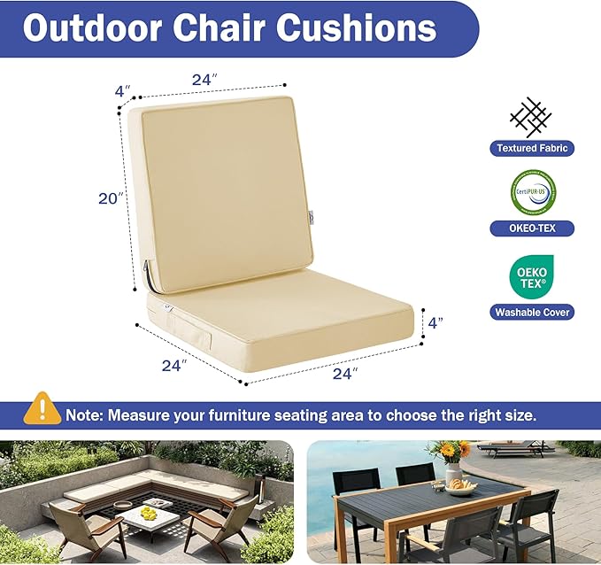 Outdoor Chair Cushions, Waterproof Patio Chair Cushions 24x24x4 Inch, Outdoor Cushions with Removable Cover for Sofa, Fade Resistant Patio Cushions for Outdoor Furniture, Beige