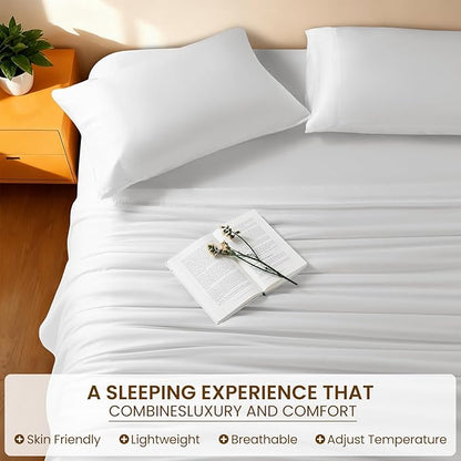 Luxury Mulberry Silk Modal Queen Size Sheet Set 4pc, Ultra Breathable & Cooling Bed Sheets for Hot Sleepers, Hotel Luxury Silky Bedding Sheets, 16" Deep Pocket(Queen,White)