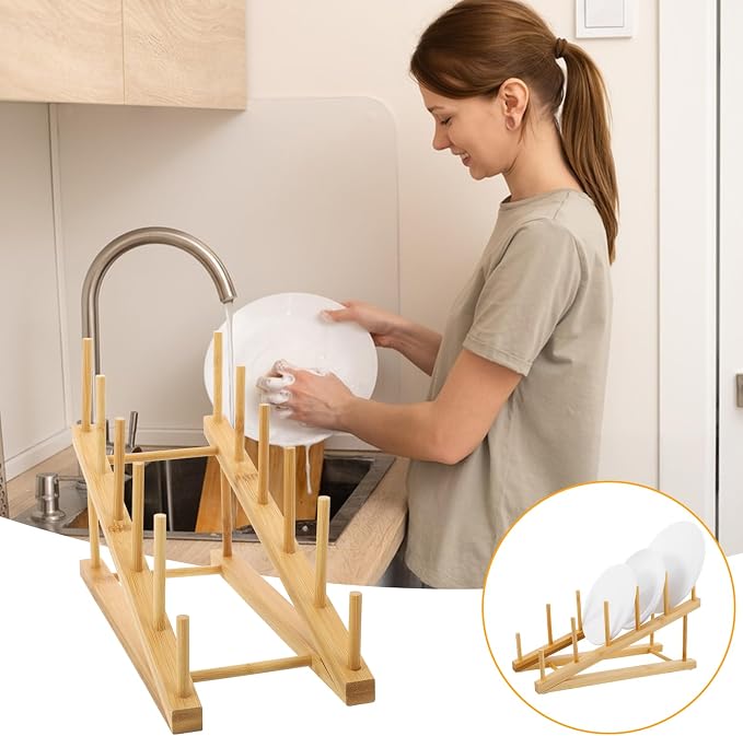 4 Pcs Wooden Dish Drying Rack, Bamboo Plate Dish Rack Stand - Image 6
