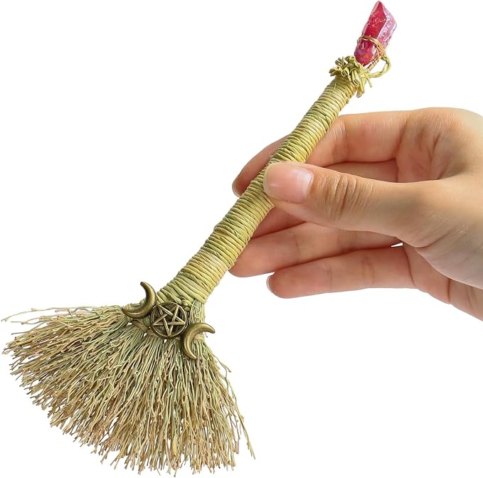 Witch Altar Mini Broom with Crystal and Triple Moon Decor by Amitofo