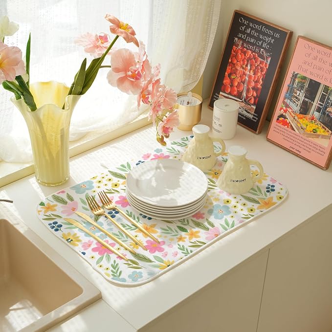 Spring Yellow Pink Blue Floral Dish Drying Mats 18x24 Inch Watercolor Flower - Image 6