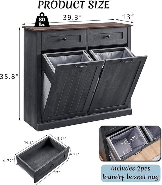 Double Tilt Out Laundry Hamper Cabinet, 20 Gallon Farmhouse Trash Can Cabinet - Image 2