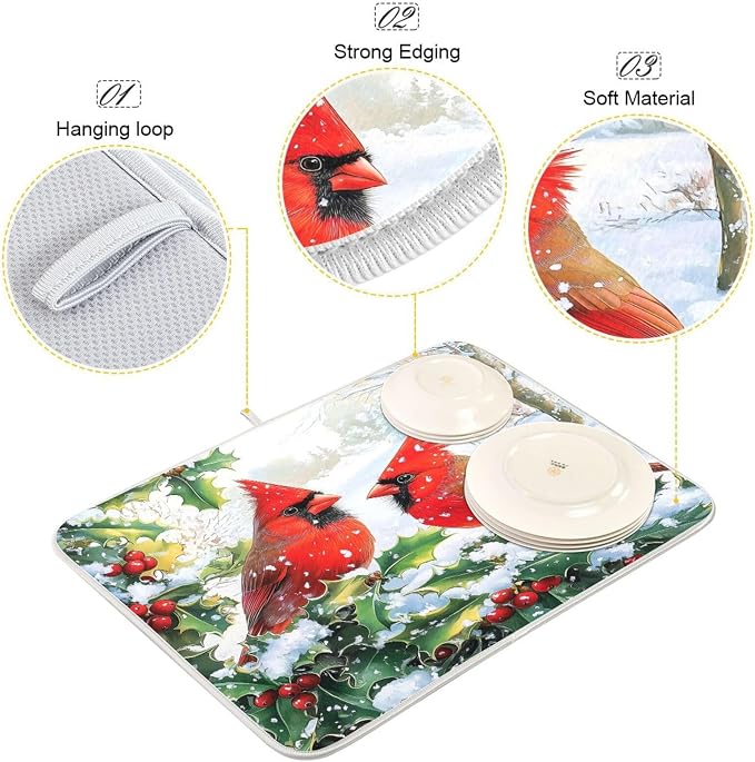 Red Cardinals Holly Bush Christmas Dish Drying Mat - Image 4