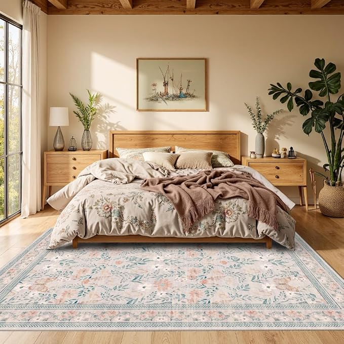 6x9 Pink Rug for Living Room Bedroom, Floral Washable Rug, Vintage Boho Area Rug - Image 2