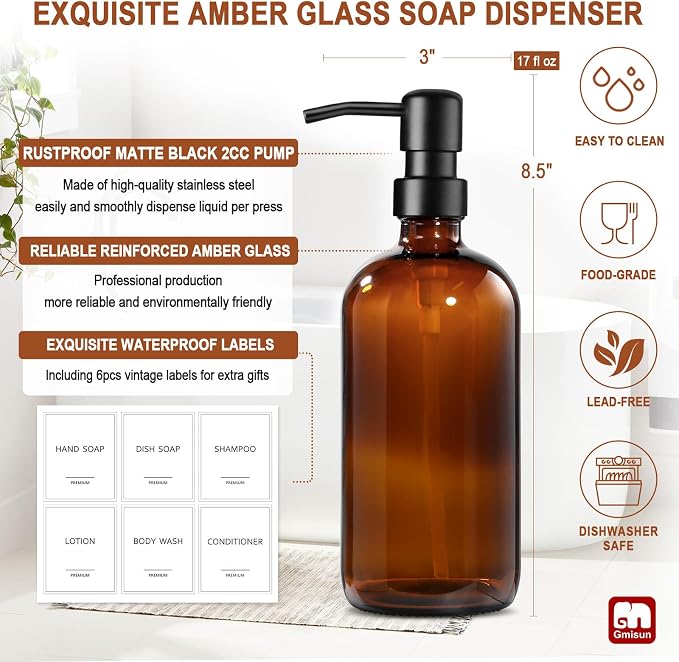 GMISUN Amber Glass Soap Dispenser, 4 Pack Bathroom Hand Soap Dispensers - Image 3