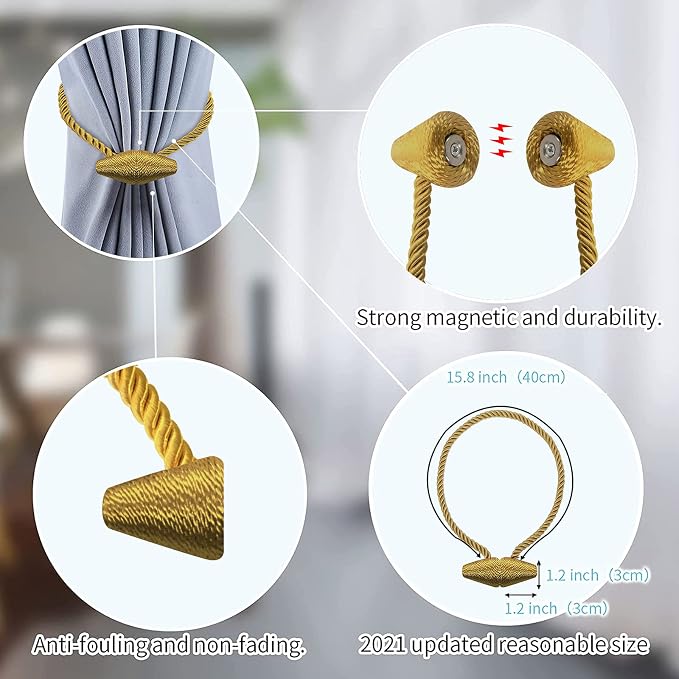 Hion Magnetic Curtain Tiebacks Golden 2pcs, Curtain Tiebacks Buckles Holdbacks - Image 3