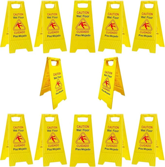 12-Pack Caution Wet Floor Signs | Foldable Sturdy Double-Sided Bilingual Saftey by AngeLvet