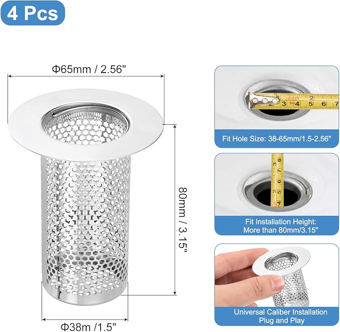 uxcell 4 Pack Shower Drain Strainer, 3.2" x 2.6" 304 Stainless Steel Floor - Image 2
