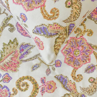 The HomeCentric King/Queen/Twin White & Pink Designer King 90"x18" Bed Runner with 2 Pillow Cover, Floral, Printed, Sequins, Beaded, Embroidery & Handmade Bed Scarf on Cotton Fabric - Aster