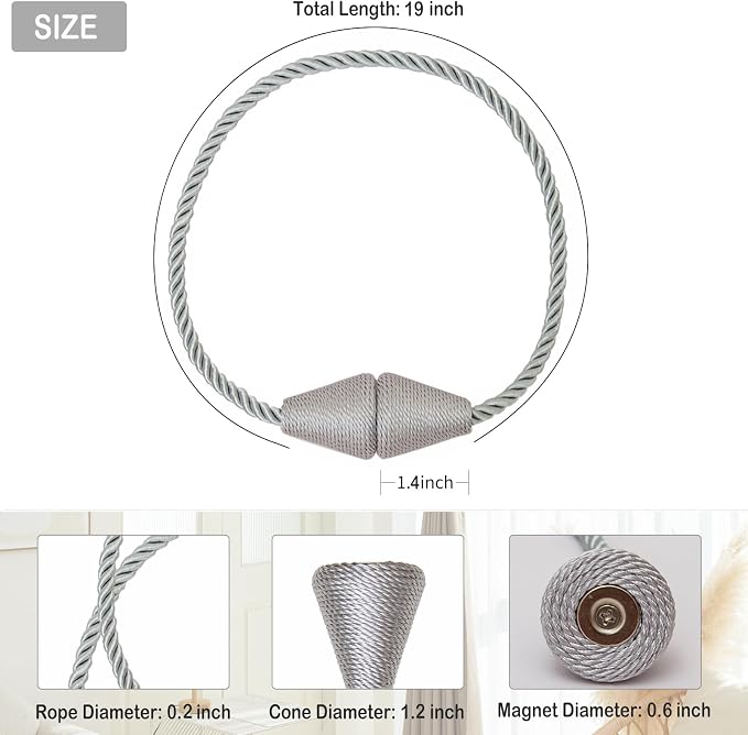 Magnetic Curtain Tiebacks 6 Pack Outdoor Rope Curtain Tie Backs Decorative - Image 2