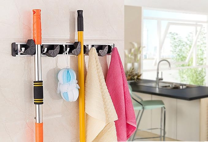 HUJI Wall Mount Broom Clamp Holder 4 Positions Grip Organizer & 5 Hooks Rack - Image 2
