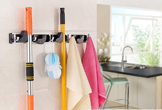 HUJI Wall Mount Broom Clamp Holder 4 Positions Grip Organizer & 5 Hooks Rack - Image 2