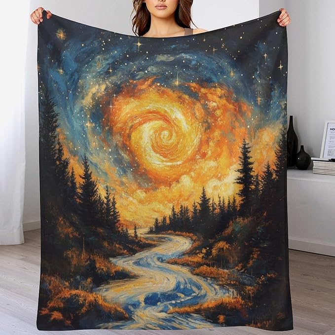 Magic Forest Blanket, Abstract Art Oil Painting Dreamworld River Jungle Sunset Pattern Soft Warm Cozy Plush Flannel Covers for Livingroom Bedroom Couch Chair Camping Travel Home Decor Tapestry 40x50in