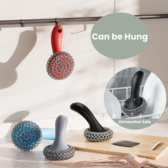Cast Iron Scrubber with Long Handle | 316 Cast Iron Cleaner Chainmail Scrubber - Image 7