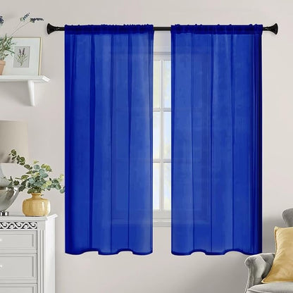 Sheer Curtains 63 Inches Long 2 Panels, Rod Pocket Short Curtain for Kitchen, Bedroom, Cafe Window(Blue Sapphire 38" W x 63" L)
