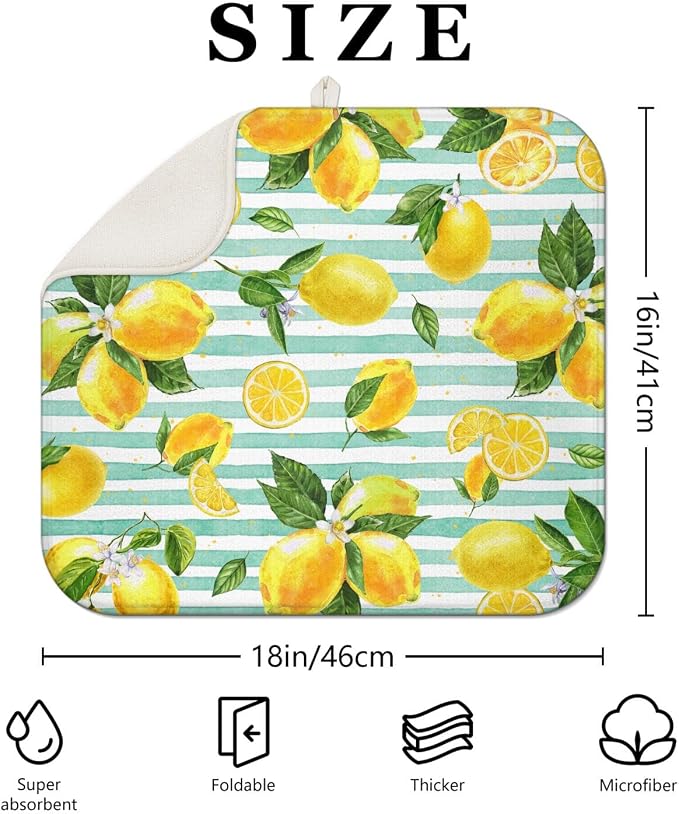 Lemon Dish Drying Mat for Kitchen Counter, Striped Background Yellow Lemon - Image 2