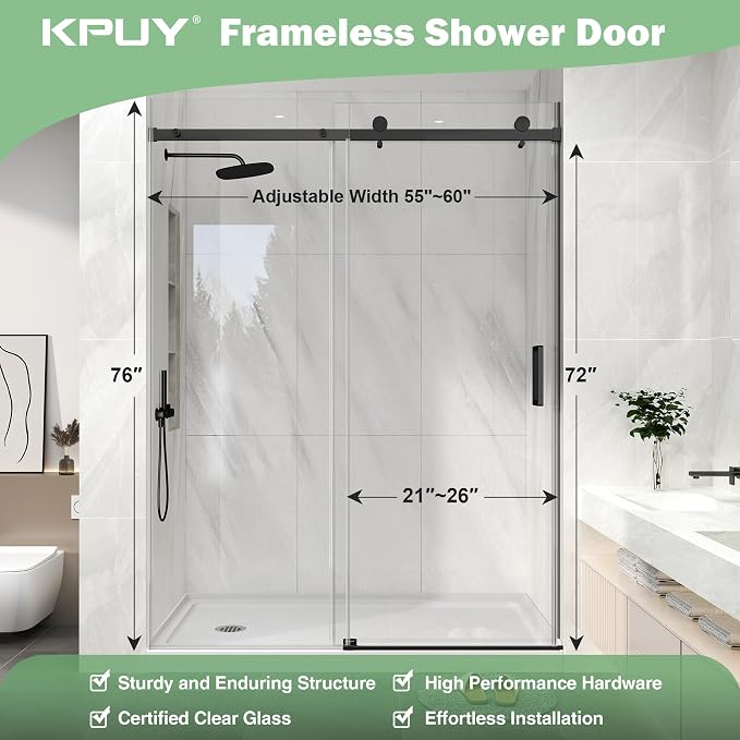 KPUY Frameless Shower Door, 55-60" W x 76" H Sliding Glass Shower Door - Image 6