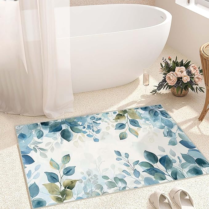 2x3 Botanical Leaf Entryway Area Rug Blue White Leaves Bathroom Rug Non Slip Machine Washable Low Pile Small Carpet Kitchen Bedroom Door Mat Entrance