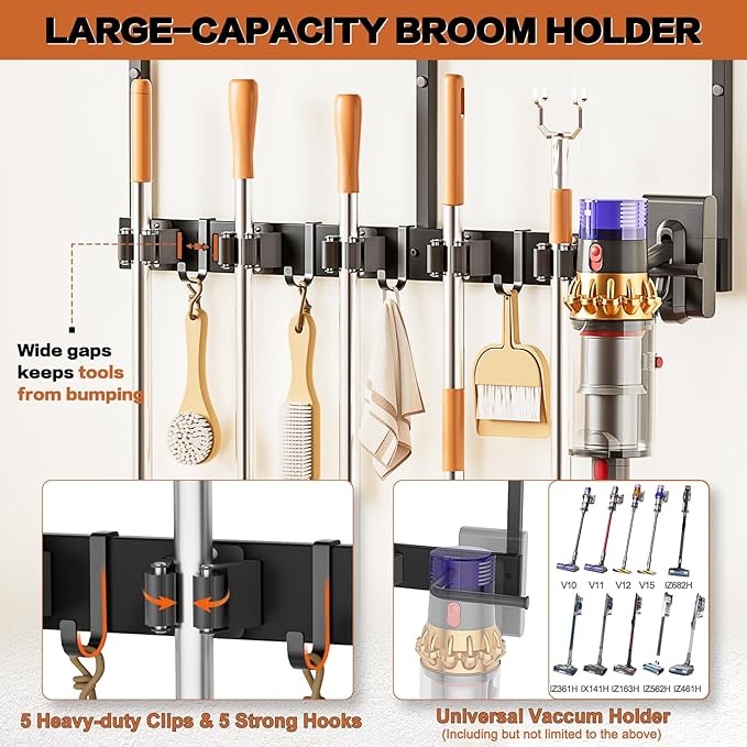 Broom Holder Wall Mount with Cleaning Supplies Organizer, Laundry Room - Image 2