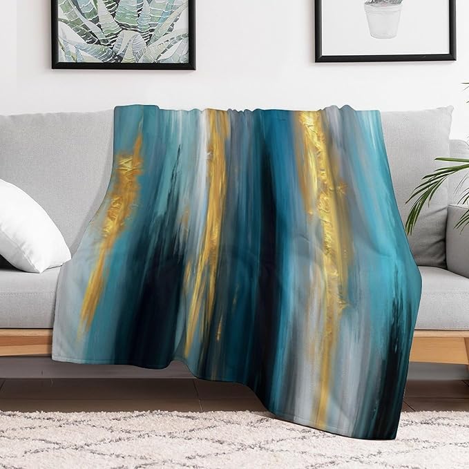 Fashion Gradient Blanket, Modern Abstract Art Gold Lake Blue Painting Strokes Pattern Soft Warm Cozy Plush Flannel Covers for Livingroom Bedroom Couch Chair Camping Travel Home Decor Tapestry 40x50in