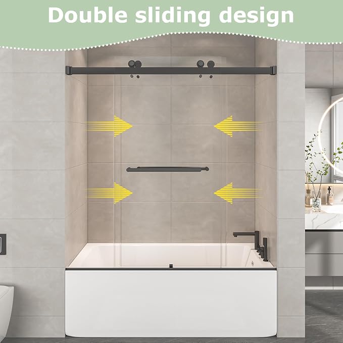 54"-60" W x 60" H Frameless Bathtub Shower Door, Double Sliding Shower Door - Image 2