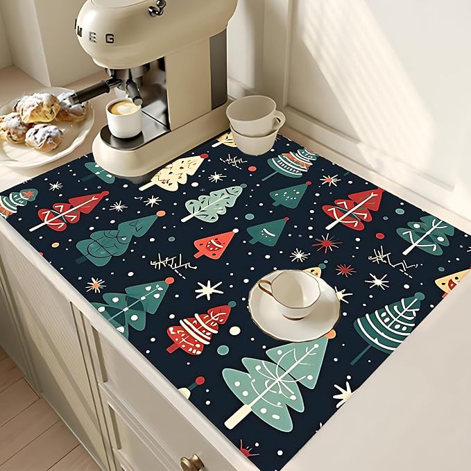 Cute Christmas trees Dish Drying Mat 18x24 inches Microfiber Absorbent Fast Dry - Image 2