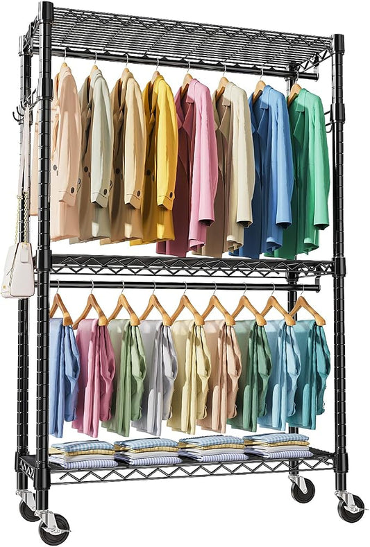 Heavy Duty Rolling Garment Rack 3 Tiers Adjustable Wire Shelving Clothes Rack by MEIGAOPLASTICANDMETALHKCOLIMITED