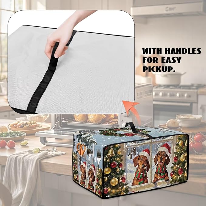 Convection Oven Dust Cover with Storage Pockets, Protective Smart Oven Cover for Kitchen Countertop for Christmas Holiday Party, L, 18.5 x 22.5 x 13 Inches, Dachshund Dog Christmas Tree