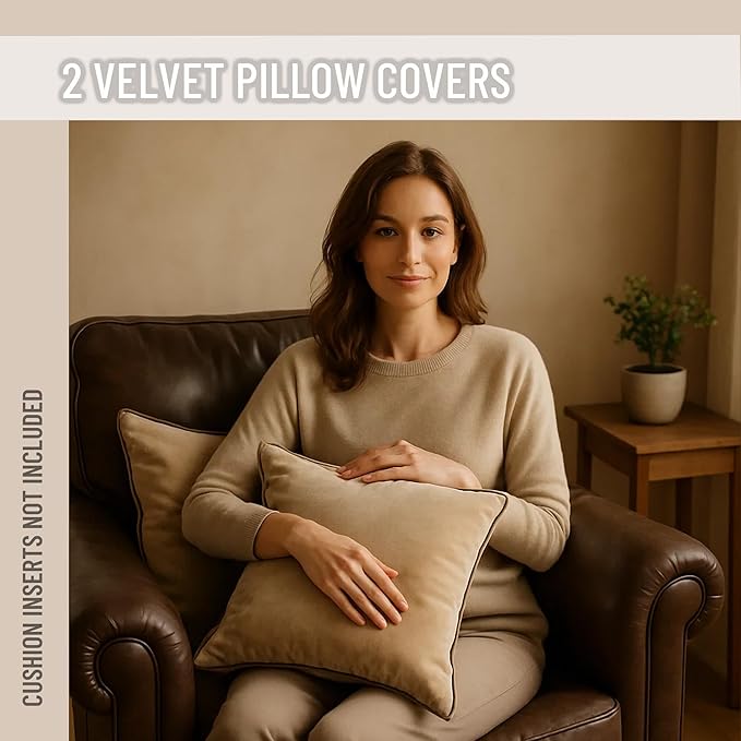 2 Pack Velvet Decorative Throw Pillow Covers, 12"x20", Beige and Brown, Solid, Modern, Contrast Piping, Indoor Use, Bedroom & Living Room