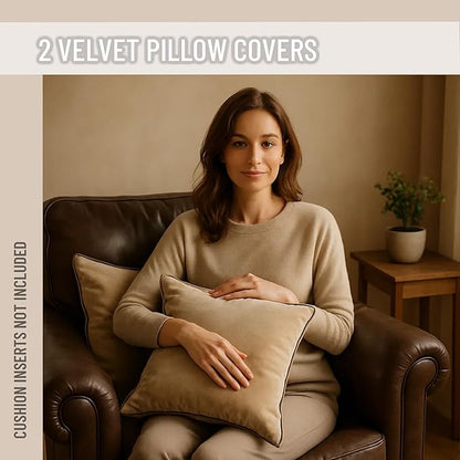 2 Pack Velvet Decorative Throw Pillow Covers, 12"x20", Beige and Brown, Solid, Modern, Contrast Piping, Indoor Use, Bedroom & Living Room