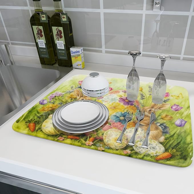 Easter Bunny Dish Drying Mat 18x24 Inch Eggs Floral Green Drying Pad - Image 6
