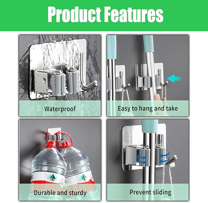 Broom Holder Wall Mount Hanger Holder Wall Mount, 2 Pack Mop and Broom Hooks - Image 3