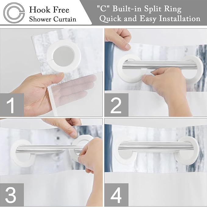 No Hook Shower Curtain with Snap in Liner, Hotel Style Navy Blue White Gold - Image 5