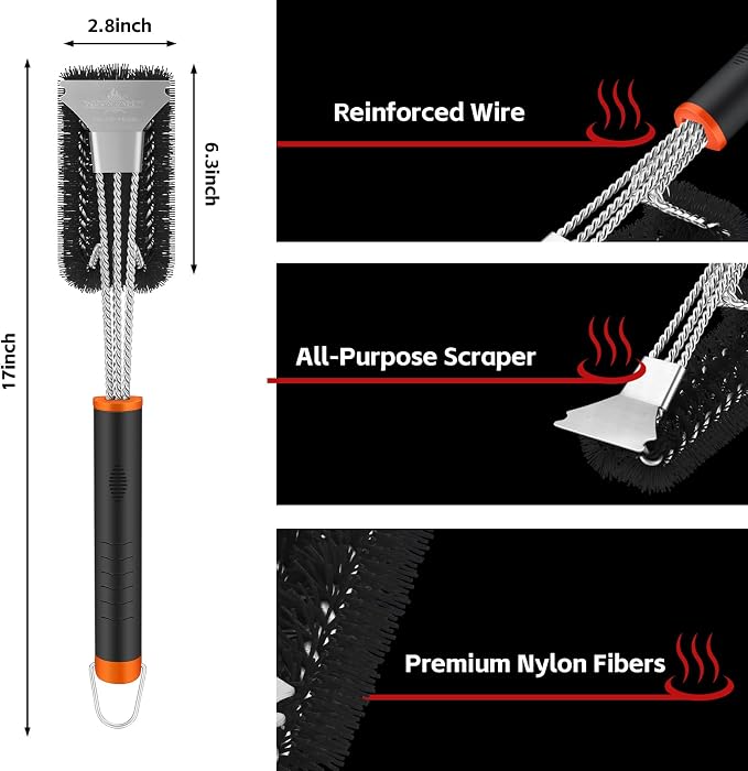 Grill Brush and Scraper, Safe Nylon Bristles Barbecue Triple Scrubbers Cleaning - Image 4