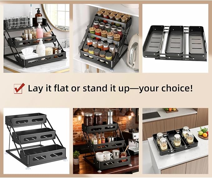 Bokelai Spice Rack 3 Tier Foldable Seasoning Organizer Jars Storage Holder Step - Image 5