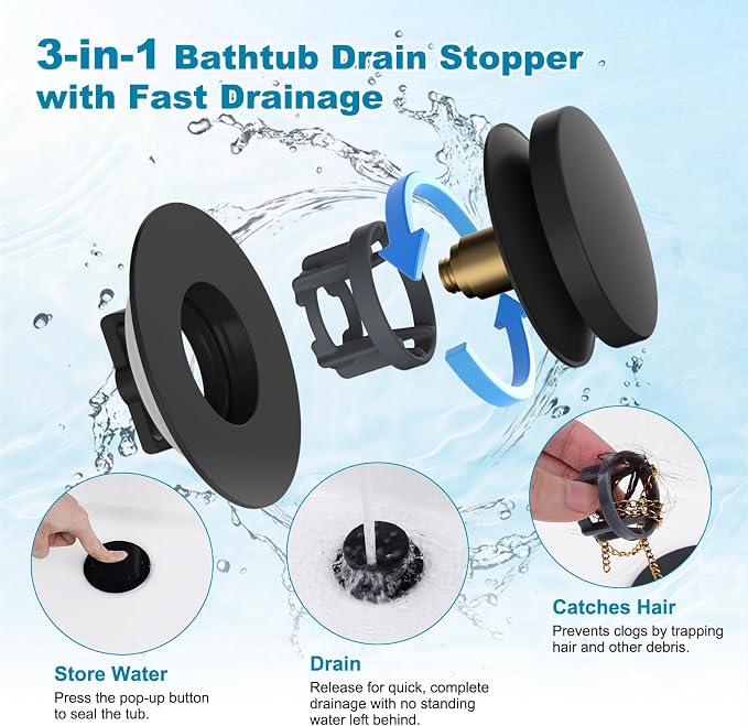 Hibbent 2 Pack 3 in 1 Metal Bathtub Drain Stopper, Universal Pop Up Tub Stopper - Image 2