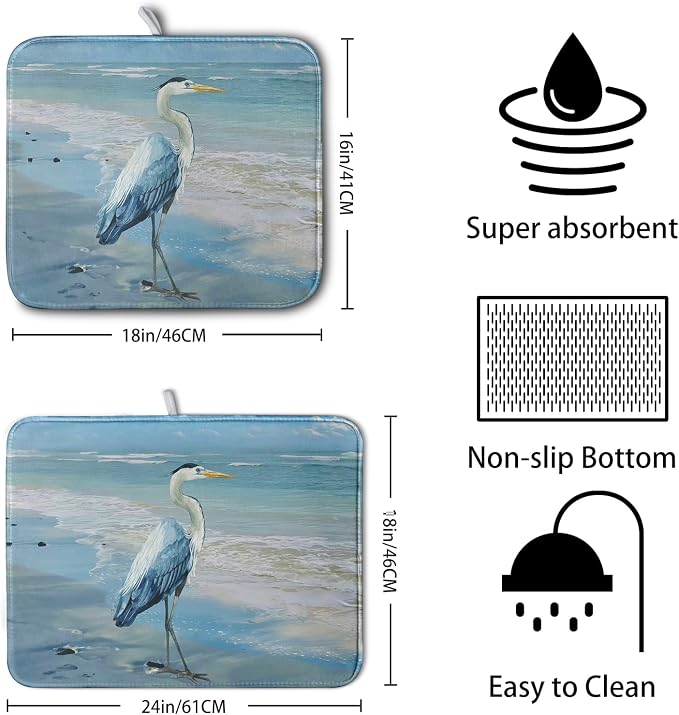 Summer Blue Dish Drying Mat for Kitchen Counter 16x18 Inch Heron Coastal Beach - Image 2
